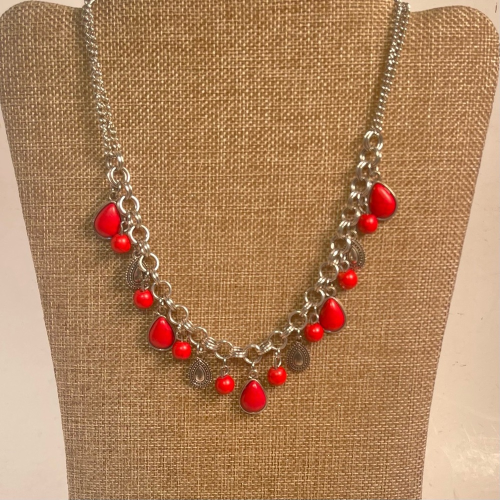 Faux Red Turquoise Teardrop Necklace Dangle Charms Aged Silver Tone 17"